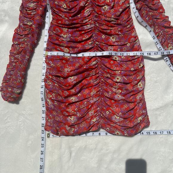 Rohe Sadie Long Sleeve Retro Floral Ruched Mini Dress Red Multi Size 34 FR 2 US - Picture 12 of 15